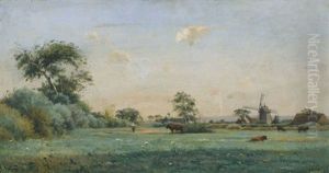 Wiesenlandschaft Mit Vieh Und Windmuhle