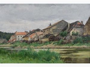 Paysage Au Bord De La Riviere by Adrien Jacques Sauzay