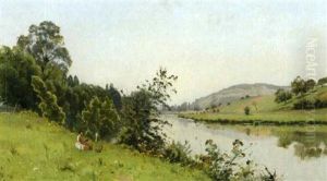 Jeune Femme Peignant Au Bord De La Riviere by Adrien Jacques Sauzay