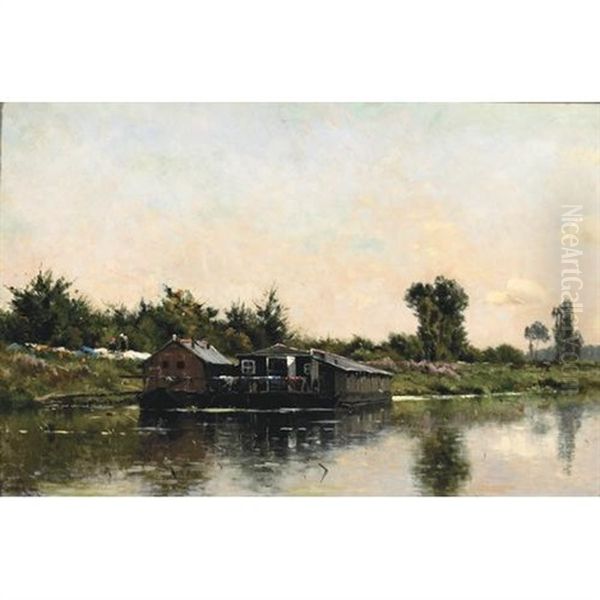 A River Scene With House Boats And Two Figures On The Bank - view 1