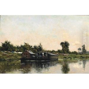 A River Scene With House Boats And Two Figures On The Bank by Adrien Jacques Sauzay