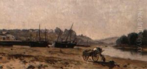 Franzosische Fluslandschaft Mit Angelandeten Booten by Adrien Jacques Sauzay