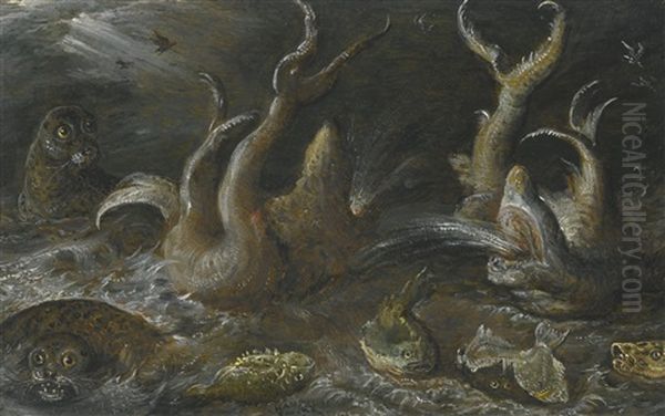 Sea Monsters With Seals, A Skate And Other Fish - view 1