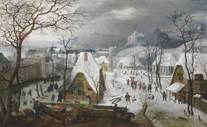 The Season Of Winter: A Snowy Landscape With A Wedding Procession And Figures Playing On The Ice Outside A Walled Town by Jacob Savery the Elder