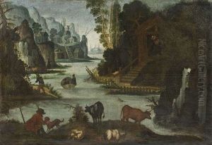 Phantastische Flusslandschaft Mit Tieren Und Monchsklausen by Jacob Savery the Elder