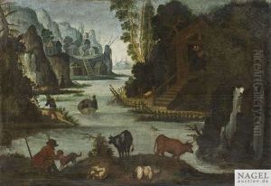 Phantastische Flusslandschaft Mit Tieren Und Monchsklausen by Jacob Savery the Elder