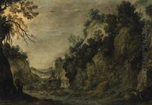 Gebirgslandschaft. In Einer Schlucht Enten Und Ein Reiher, Am Hang Ziegen by Jacob Savery the Elder