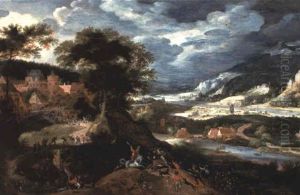 A Landscape With A Bull Hunt by Jacob Savery the Elder
