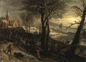 A Village On A Frozen River With Faggot Gatherers And Peasants On A Track by Jacob Savery the Elder