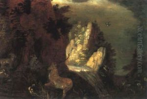 Ein Hirsch Und Steinboecke In Einer Gebirgslandschaft Mit Einem Wasserfall by Jacob Savery the Elder