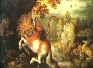 A Lion Attacking A Horse In A Rocky Landscape by Jacob Savery the Elder