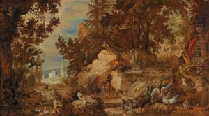 A Wooded Landscape With Numerous Exotic Birds Including A Dodo by Hans Savery the Younger