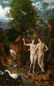 Adam Und Eva In Einer Weiten Landschaft, Umgeben Von Diversen Tieren, Vogeln Und Insekten by Hans Savery the Younger