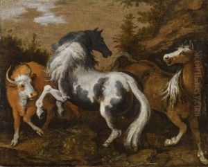 A Scene With An Arabian Stallion, Mare And Cow by Hans Savery the Younger