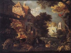 Paysage Boise Pres D'une Ferme Avec Le Retour Du Fils Prodigue by Hans Savery the Younger
