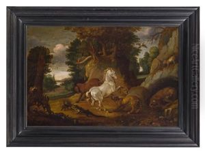 Waldlandschaft Mit Steigendem Hengst Und Vielen Waldtieren by Jacob Savery the Younger