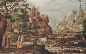 A Rocky Landscape With Noah And The Animals Entering The Ark