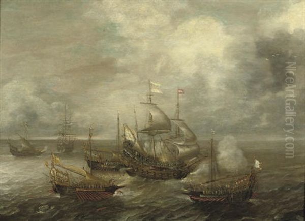 A Naval Engagement Between A Galleon And Frigates - view 1