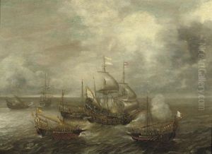 A Naval Engagement Between A Galleon And Frigates