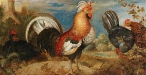 A Rooster And Chicken In A Landscape by Roelandt Savery