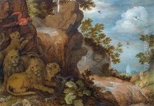 Rocky Landscape With Mountain Stream, Lions, Leopards, Parrots And Other Birds by Roelandt Savery