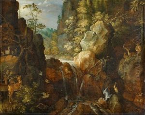 Gebirgslandschaft Mit Storch Und Hirschen Bei Einem Wasserfall by Roelandt Savery