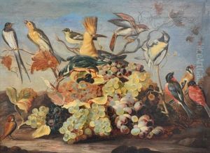 A Still-life With Bunches Of Grapes And Various Exotic Birds by Roelandt Savery