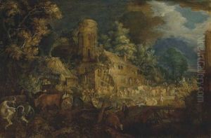 A Cattle Market Near A Ruined Farmstead In A Village By A River by Roelandt Savery