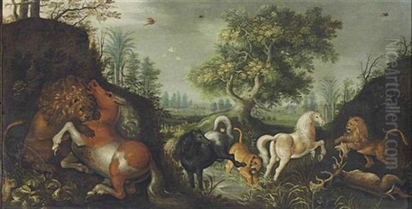 A Wooded River Landscape With Lions Attacking Horses - view 1