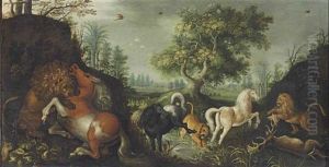 A Wooded River Landscape With Lions Attacking Horses by Roelandt Savery