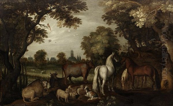 Horses, Cattle, Sheep And Goats Beneath Trees In The Foreground - view 1