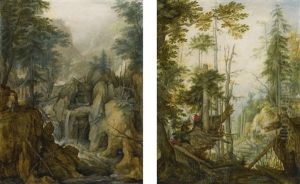 Alpine Landscape With Torrent And Hunter; Alpine Landscape With Three Hunters (2 Works) by Roelandt Savery