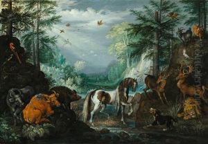 Paradieslandschaft Mit Tieren Und Dem Heiligen Hubertus by Roelandt Savery