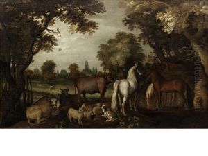 Horses, Cattle, Sheep And Goats Beneath Trees In The Foreground, A View Of Utrecht In The Distance Horses, Cattle, Sheep And Goats Beneath Trees In The Foreground, A View Of Utrecht In The Distance