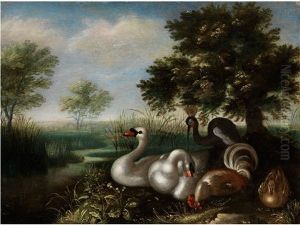 Baumlandschaft Mit Schwanen, Pfau, Schwan Und Ente