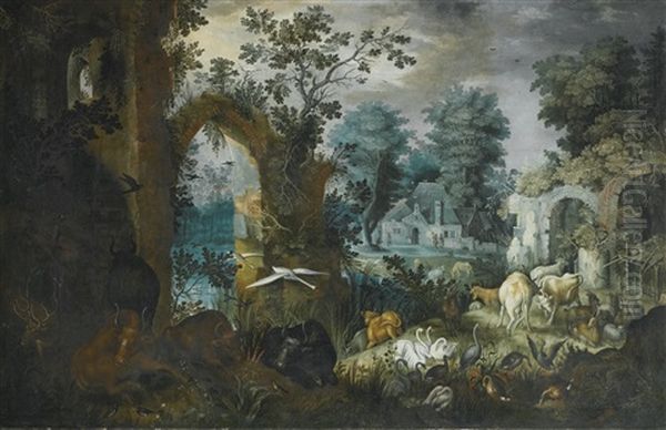 A Pastoral Scene With Cattle, Deer, Goats And Assorted Birds By Ruins, A Village Beyond - view 1