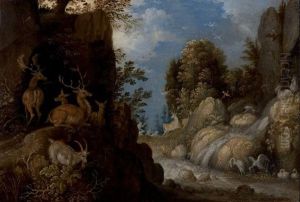 Paysage De Cascades Avec Une Harde De Cerfs by Roelandt Savery