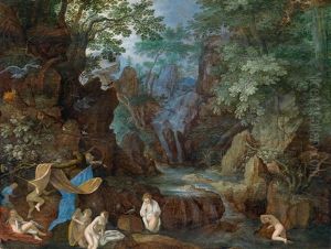 Eine Bewaldete Landschaft Mit Badenden Nymphen Und Leda Mit Dem Schwan