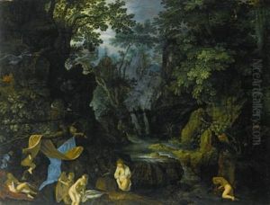 A Forest Landscape With Bathing Nymphs And Leda And The Swan
