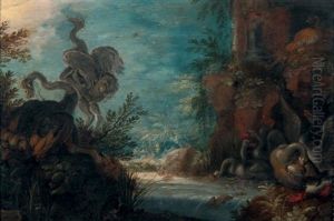 Autruches, Cygnes Et Canards Pres D'une Riviere, Dit Aussi Les Oiseaux De Paradis by Roelandt Savery