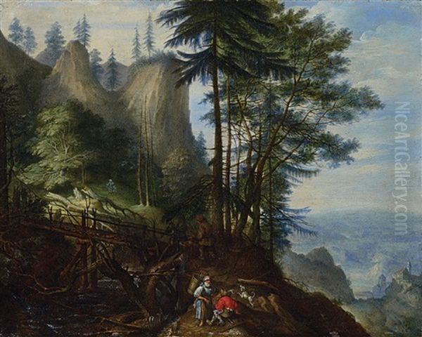 Bohmische Berglandschaft Mit Brucke, Giessbach Und Rastenden Bauern - view 1
