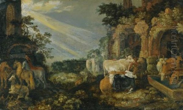 Paradise Landscape With Horses, Cows, Goats And Herders - view 1