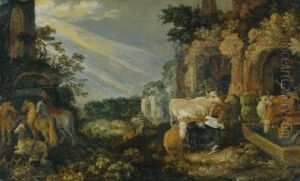 Paradise Landscape With Horses, Cows, Goats And Herders by Roelandt Savery