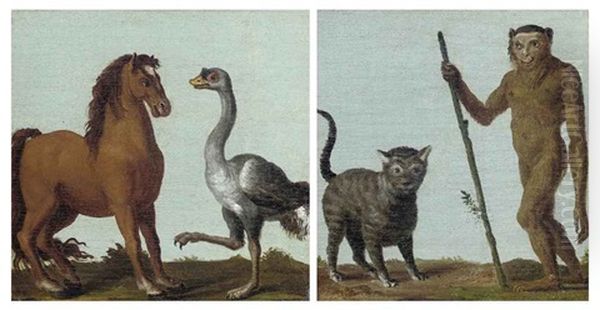 A Monkey And A Cat In A Landscape (+ A Horse And An Ostrich In A Landscape; Pair) - view 1