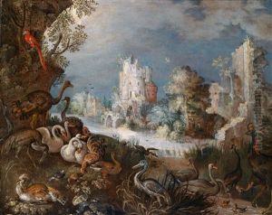 Flusslandschaft Mit Wasservogeln Und Einer Burgruine Flusslandschaft Mit Wasservogeln Und Einer Burgruine