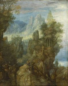 Phantastische Felsenlandschaft Mit Jagern Und Ziegen