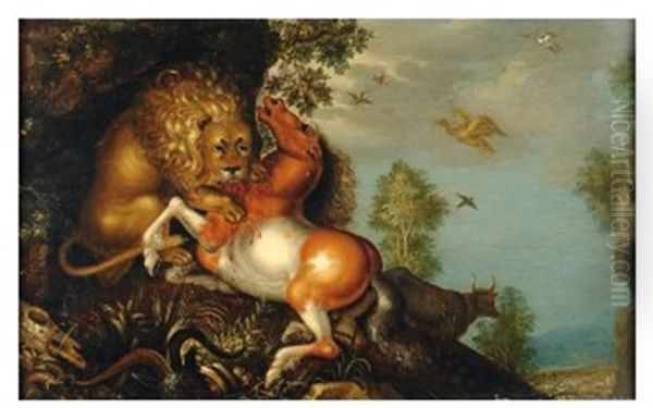 Lion Attaquant Un Cheval - view 1
