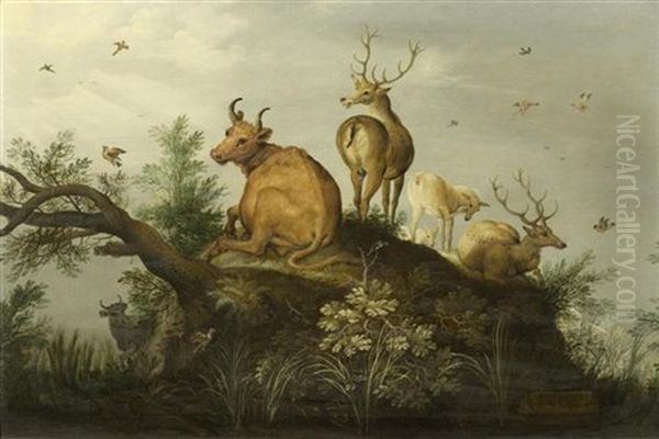 Hirsche Und Rind Auf Einem Hugel In Einer Waldlandschaft - view 1