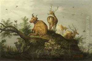 Hirsche Und Rind Auf Einem Hugel In Einer Waldlandschaft by Roelandt Savery