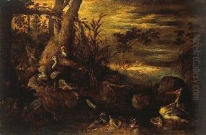 A Wooded Landscape With An Exotic Menagerie